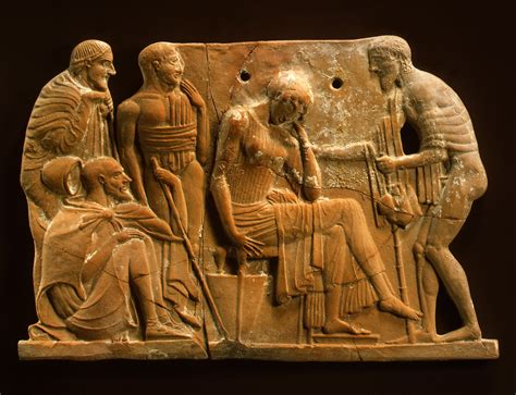 Terracotta plaque depicting Odysseus' return to the court of Ithaka in ...