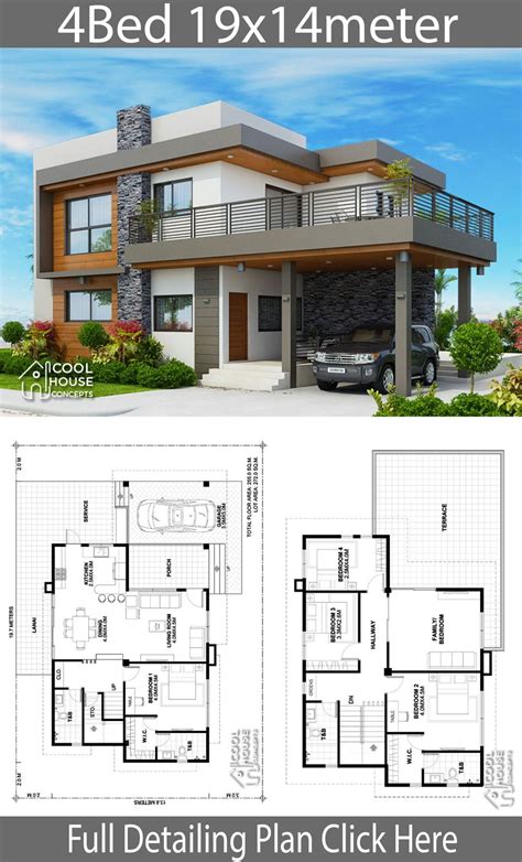 Home design plan 19x14m with 4 bedrooms - Home Ideas | Beautiful house plans, Model house plan ...