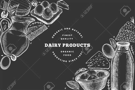 Farm Food Design Template. Hand Drawn Vector Dairy Illustration On Chalk Board. Engraved Style ...