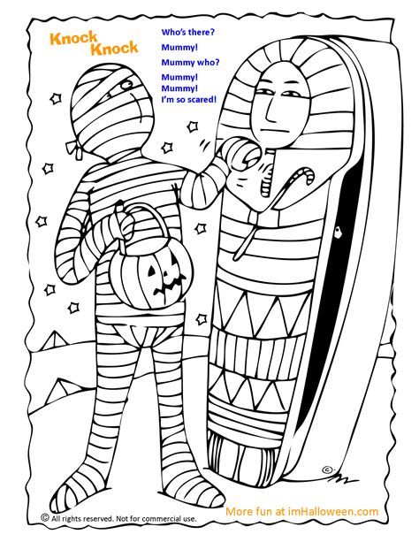 Mummy Knock Knock Joke Coloring Page > More fun Halloween pages at imHALLOWEEN.com