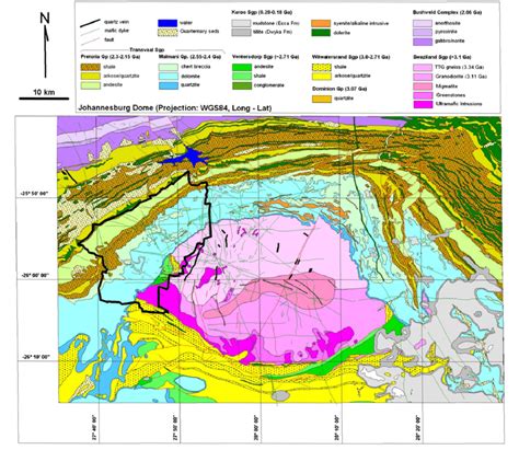 Geological map of the Johannesburg Dome area. The boundary of the... | Download Scientific Diagram