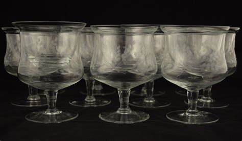 Vintage Set of 11 Etched Shrimp Cocktail Glasses with Inserts | #1853647289