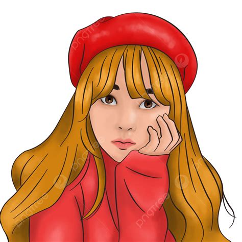 Portrait Of Pretty Cartoon Girl In Red Sweater And Hat, Pretty Girl ...