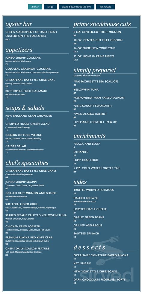 The Oceanaire Seafood Room menu in Hackensack, New Jersey