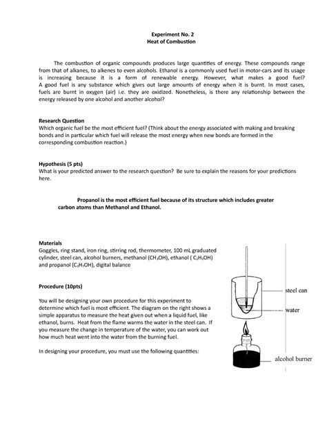 Experiment No.21 - Heat of Combustion - alcohol burner Experiment No. 2 Heat of Combustion The ...