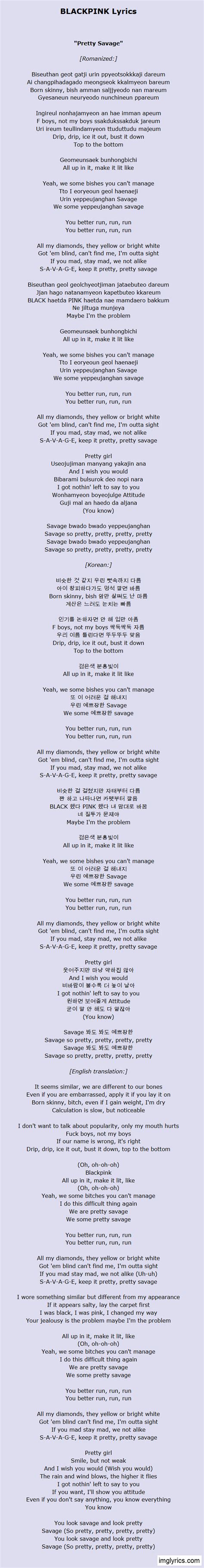 BLACKPINK - Pretty Savage Lyrics in image in 2022 | Savage lyrics, Lyrics, Pink song lyrics