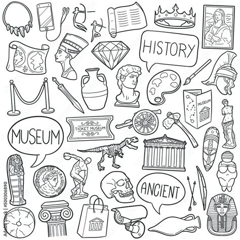 History Museum Doodle Icons. Hand Made Line Art. Art Gallery Clipart Logotype Symbol Design ...