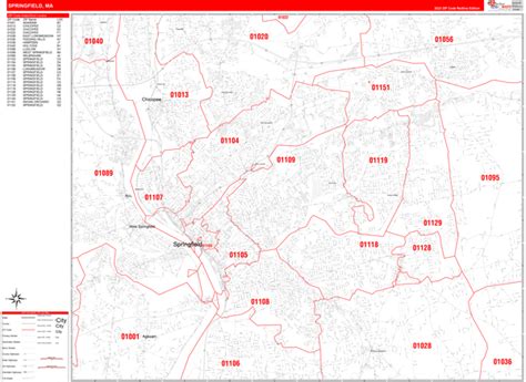 Springfield Massachusetts Zip Code Wall Map (Red Line Style) by MarketMAPS - MapSales