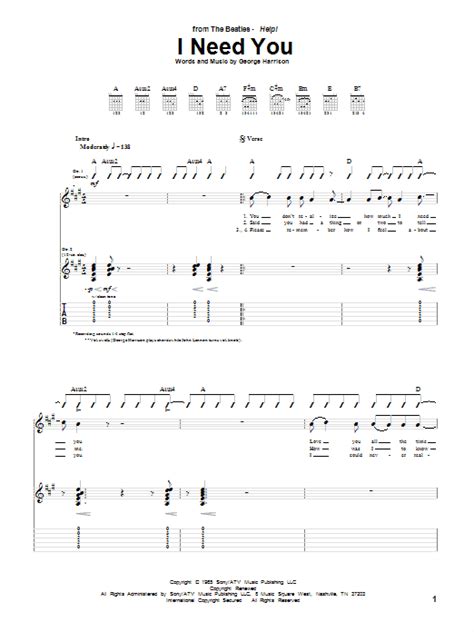 I Need You by The Beatles Sheet Music for Guitar Tab at Sheet Music Direct