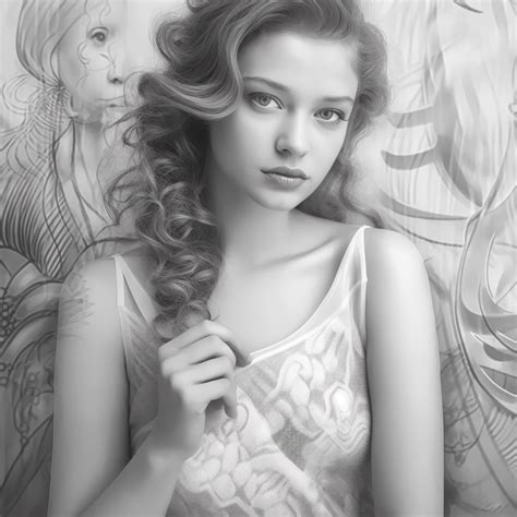 Ladies portrait mixed with colouring book details, white dress, studio light, blurred background ...