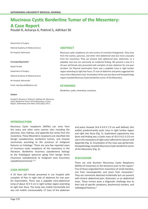 (PDF) Mucinous Cystic Borderline Tumor of the Mesentery: A Case Report