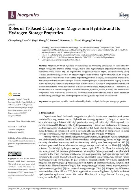 Roles of Ti-Based Catalysts on Magnesium Hydride and Its Hydrogen Storage Properties - DocsLib