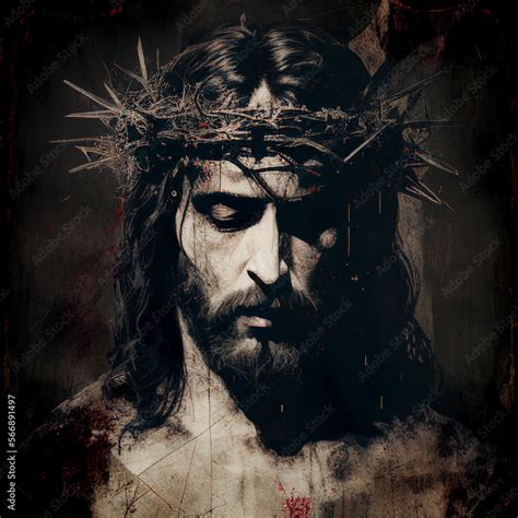 Jesus Christ wearing a crown of thorns in oil painting style, generative AI Stock Illustration ...