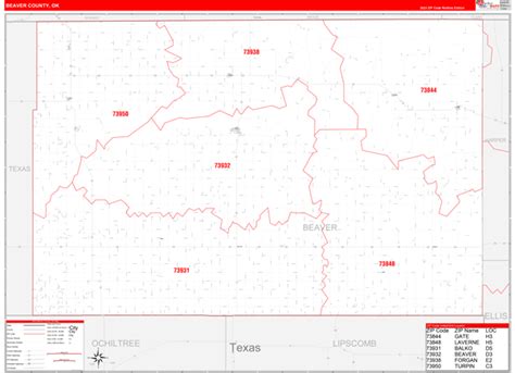 Beaver County, OK Zip Code Wall Map Red Line Style by MarketMAPS - MapSales