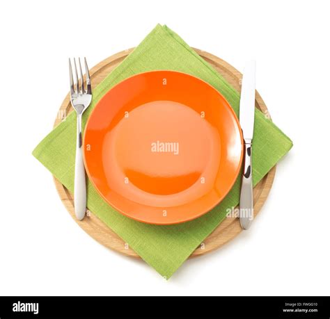 plate and fork with knife at napkin cloth on white background Stock ...