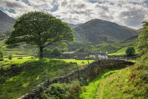 Idyllic countryside and farmhouse, Little Langdale, Lake District National Park, UNESCO World ...