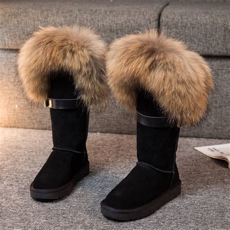 Luxury Women's Fox Fur Boots Fluffy Tall Suede Winter Boots