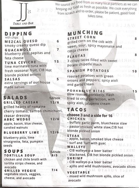 Menu at JJ's Table and Bar, Lakeside Marblehead