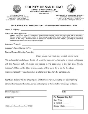 2020-2024 Form CA Authorization to Release County of San Diego Assessor Records Fill Online ...