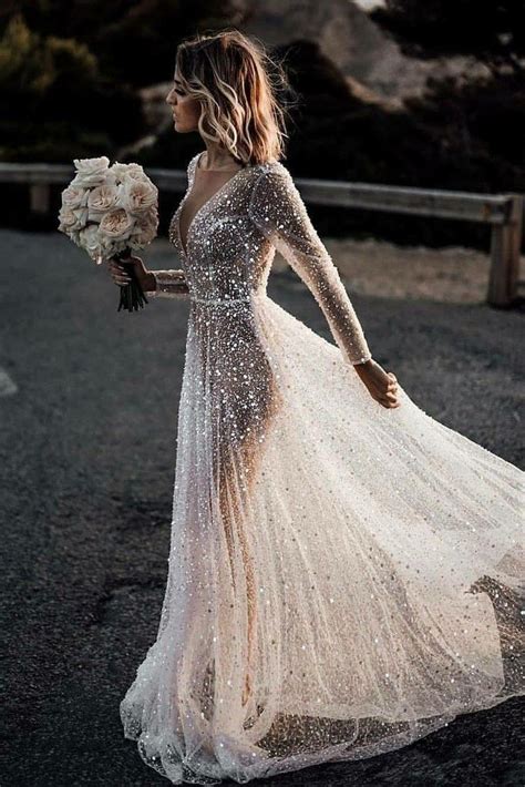 Luxury Rhinestones Wedding Dress with Illusion Long Sleeves | Wedding dress sleeves, Rhinestone ...