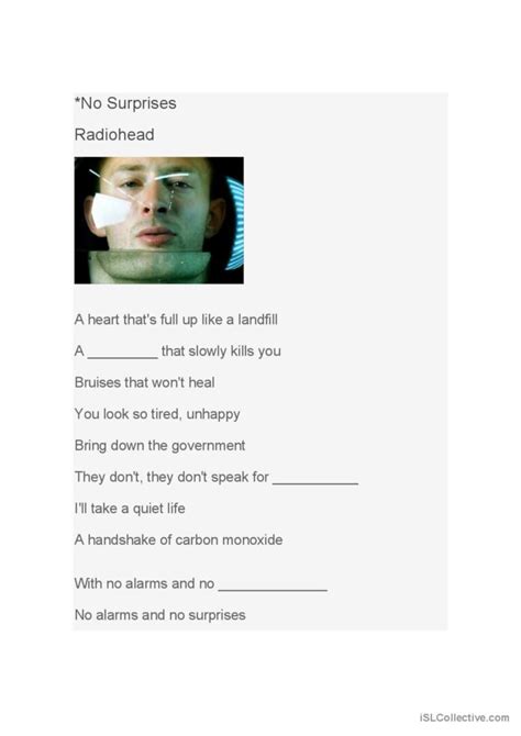 Radiohead--No Surprises nursery rhym…: English ESL worksheets pdf & doc