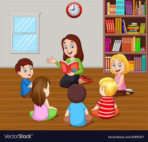 Teacher telling a story to kids in classroom Vector Image