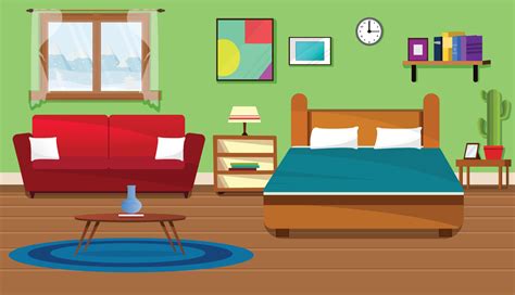 Room interior background illustration. Bedroom, Cartoon living room ...