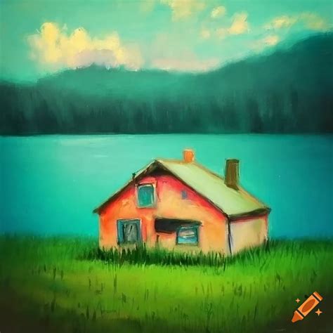 Oil pastel painting of a house near a grassy lake on Craiyon