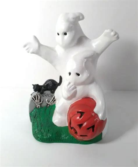 VINTAGE GHOSTS JACK-O-LANTERN Pumpkin Black Cat & Graves Halloween Ceramic 12" $24.00 - PicClick