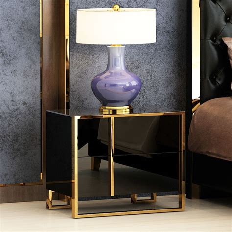 Black Lacquer Bedroom Nightstand Stainless Steel in Gold in 2021 | Bedroom night stands ...