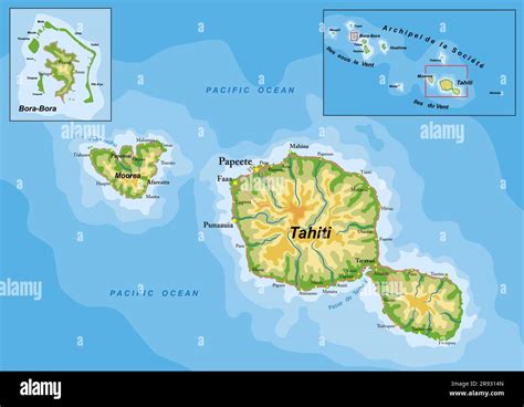 Highly detailed physical map of Tahiti and Bora-Bora in vector format,with all the relief forms ...