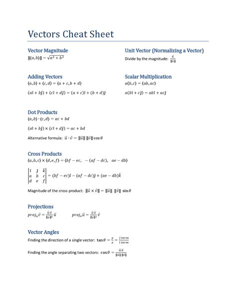 vectors cheat sheet | Cheat Sheet Mathematics | Docsity