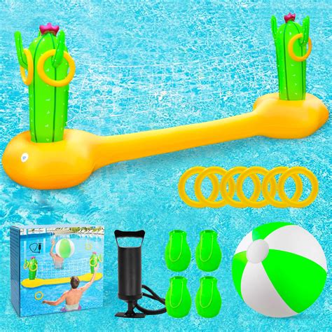 X XBEN Inflatable Pool Volleyball Game with Ring Toss, Pool Float Set with Ball, Volleyball Net ...