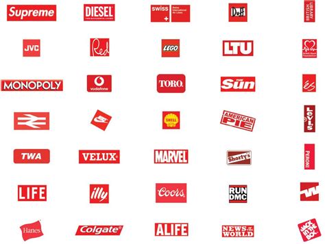 // logos in box Life Run, Life Logo, Run Dmc, Red Zone, Velux, Box Logo, Colgate, Twa, Coors