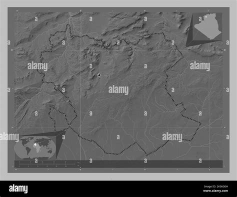 Saida, province of Algeria. Grayscale elevation map with lakes and rivers. Corner auxiliary ...