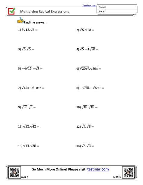 Multiplying Radical Expressions worksheets