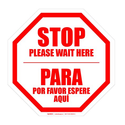 STOP: Please Wait Here Bilingual Spanish - Floor Sign