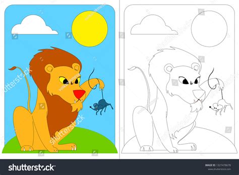 Lion Mouse Fable Coloring Book Vectoral Stock Vector (Royalty Free) 1327478678