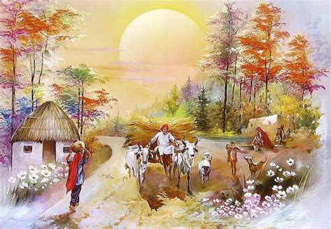 indian village life paintings - Google Search | Village scene drawing, Nature posters, Art village