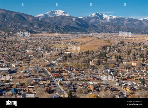 An elevated view of the neighborhoods of Salida, Colorado with a ...