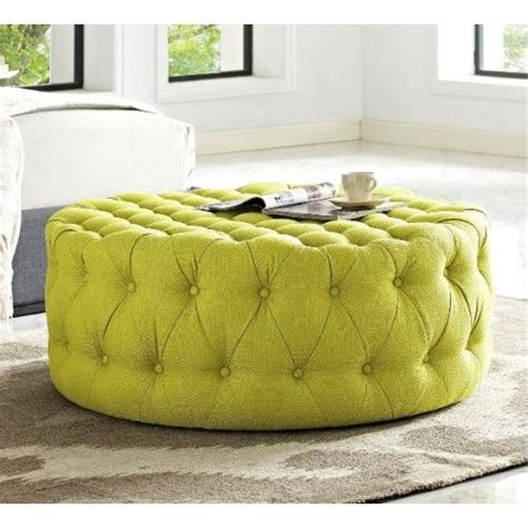 Chartreuse Yellow Fabric All Over Button Tufted Round Ottoman Coffee Table | Round tufted ...