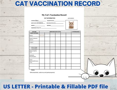 Cat Vaccination Record, Cat Health Record, Cat Shot Record, Pet Health ...