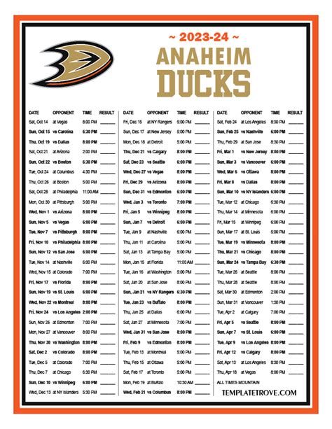 Printable 2023-2024 Anaheim Ducks Schedule