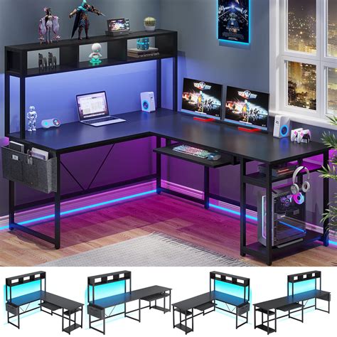 L Shaped Computer Desk, Reversible 94.5” Gaming Desk with Led Lights, Keyboard Tray and Storage ...