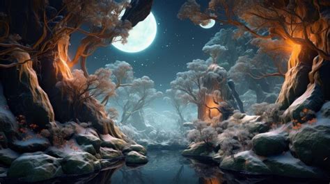 Premium Photo | Moonlight forest landscape wallpaper