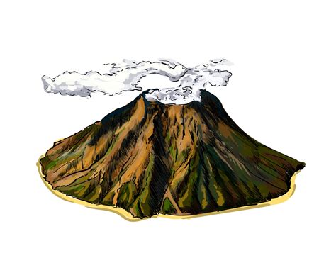 Volcano from a splash of watercolor, colored drawing, realistic. Vector illustration of paints ...