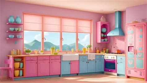 Premium AI Image | a colorful kitchen with a pink and blue kitchen island