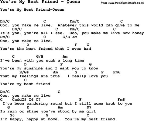 Song You're My Best Friend by Queen, song lyric for vocal performance plus accompaniment chords ...