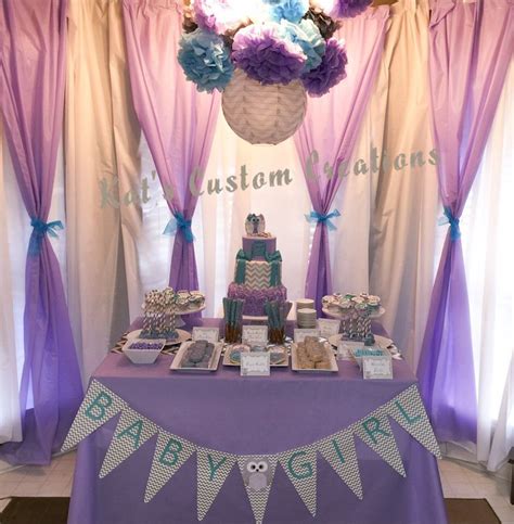 Owl lavender, turquoise, gray chevron baby shower backdrop and treat table! | Purple owl baby ...