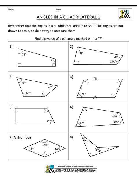 geometry worksheets printable angles in a quadrilateral 1 | Geometry ...